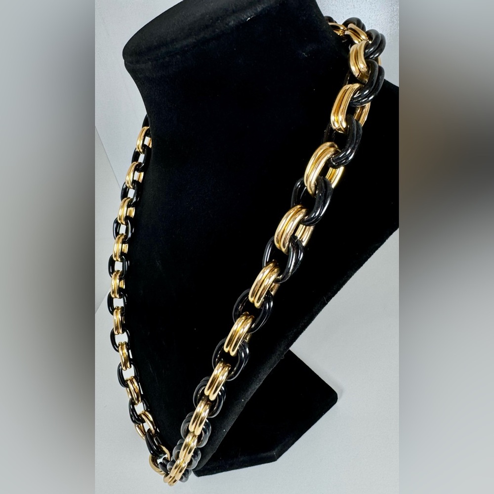 Vintage Chunky Double Gold-tone & Black Chain Link Necklace 22” #1500 - Picture 3 of 10